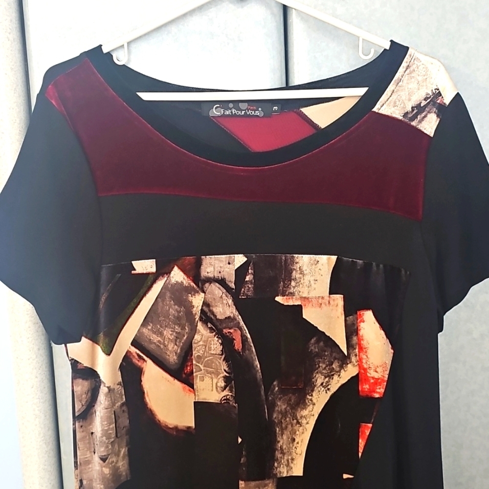 Abstract Print Velvet Short Sleeve Dress, Size L, C'Fait Pour Vous - Picture 6 of 6
